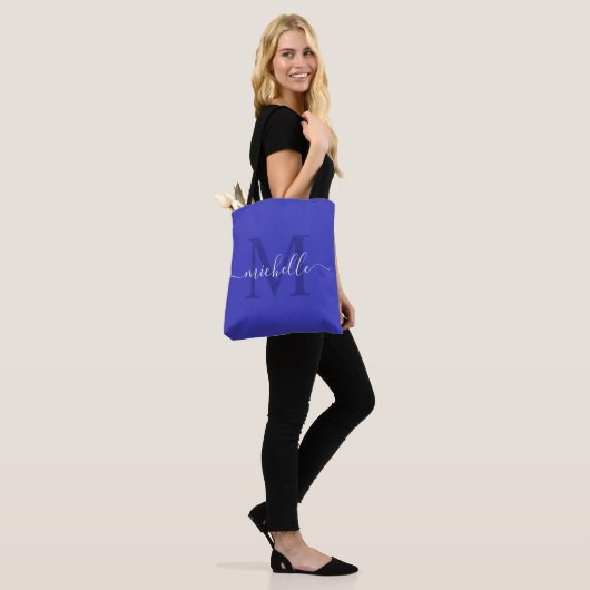  naam met koningsblauwe kleur tote bag (Op model)