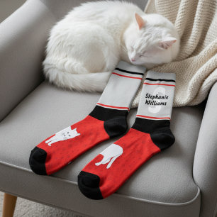 Naam met Monogram Gestreepte Witte Kat Crew Sokken