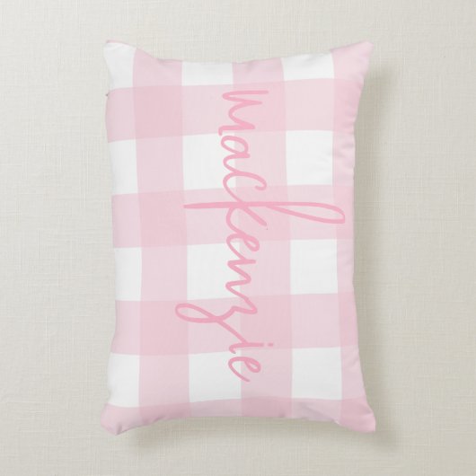 Naam met roze en witte Buffalo Check Accent Kussen (Voorkant(Verticaal))