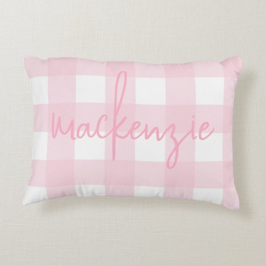 Naam met roze en witte Buffalo Check Accent Kussen (Achterkant)