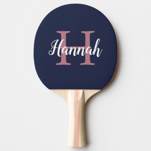 Naam minimalistisch blauw roze monogram tafeltennisbatje (Voorkant)