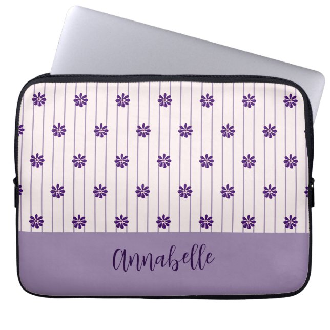 Naam Modern Blush & Violet Stripes Bloempatroon Laptop Sleeve (Voorkant)