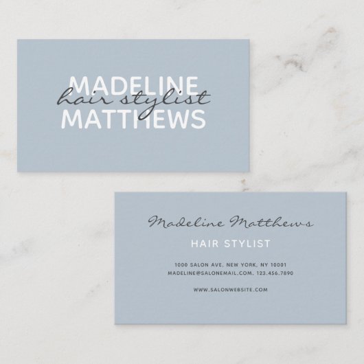 Naam modern Chic Dusty Blue Hair Stylist Script Visitekaartje (Voorkant / Achterkant)