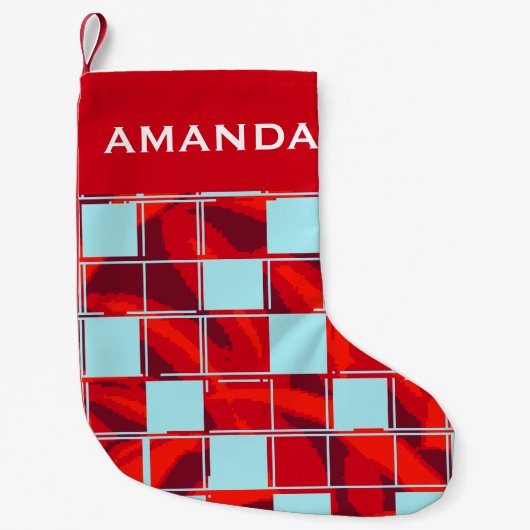Naam modern rood blauw spelpatroon kleine kerstsok (Voorkant)