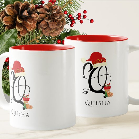 Naam Modern Schrift Monogram Letter Q Kerstmis Tweekleurige Koffiemok
