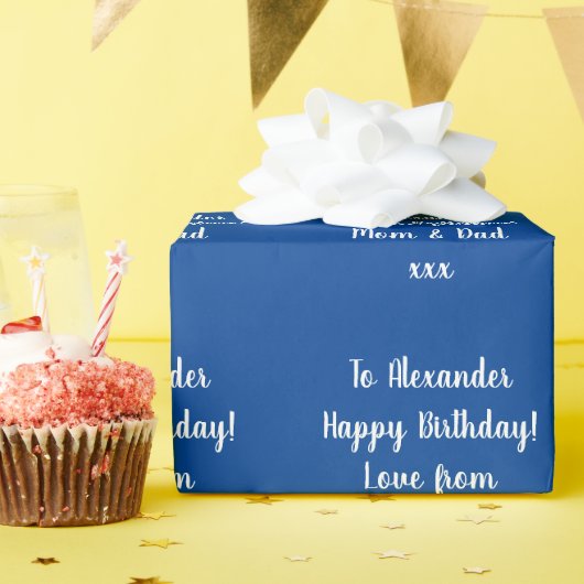 Naam Modern script Typografie Blue Happy Birthday Cadeaupapier (Verjaardagsfeest)