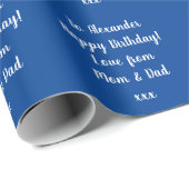 Naam Modern script Typografie Blue Happy Birthday Cadeaupapier (Rol Hoek)