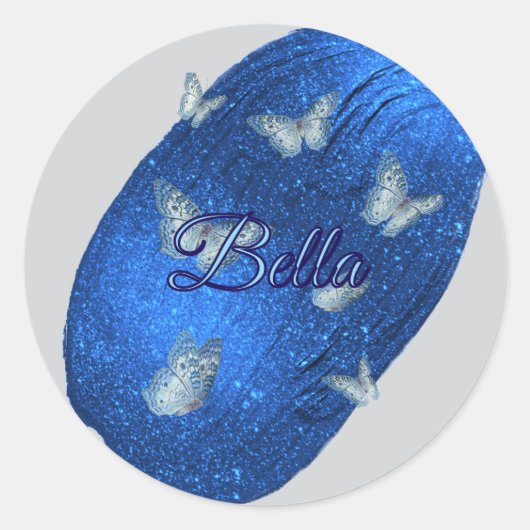 Naam Modern Shining Royal Blue met vlinders Ronde Sticker (Voorkant)