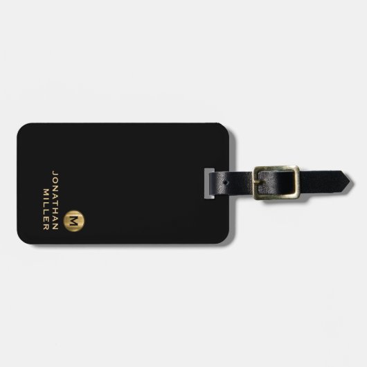 Naam modern zwart Gold-minimalistisch monogram Bagagelabel (Voorkant horizontaal)