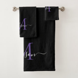 Naam modern zwart Paars Violet Monogram Bad Handdoek