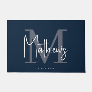 Naam moderne marineblauw grijs monogram deurmat