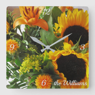 Naam, Moderne Zonnebloemen Print Vierkante Klok