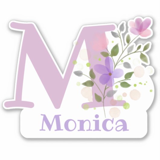 Naam Monica plus Initiaal met Floral Design Sticker (Voorkant)