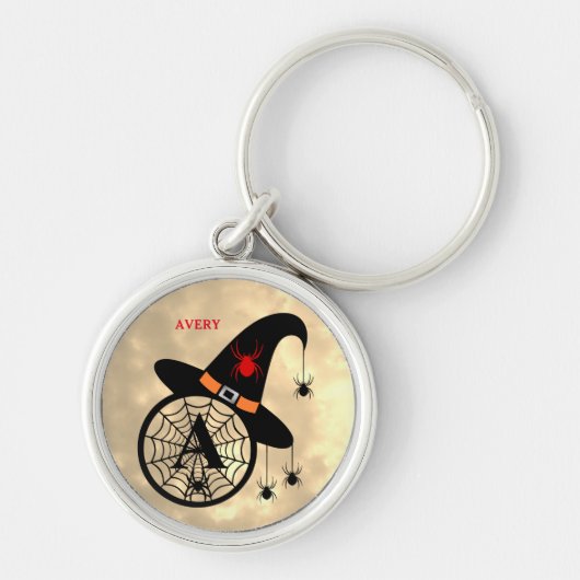 Naam Monogram A Halloween Sky Witch Spiders Sleutelhanger (Voorkant)
