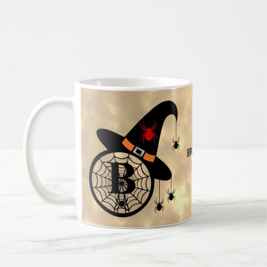 Naam Monogram B Halloween Sky Witch Spiders Koffiemok (Links)