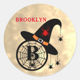Naam Monogram B Halloween Sky Witch Spiders Ronde Sticker