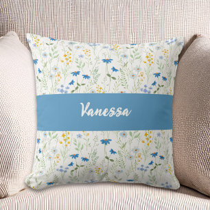 Naam Monogram Blauw Aquarel Wilde Bloem Kussen