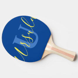 Naam monogram blauw geel teamwerk tafeltennisbatje