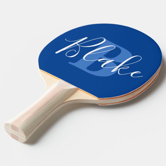 Naam monogram blauw teamwork, aangepast tafeltennisbatje (Voorkant Gekanteld)