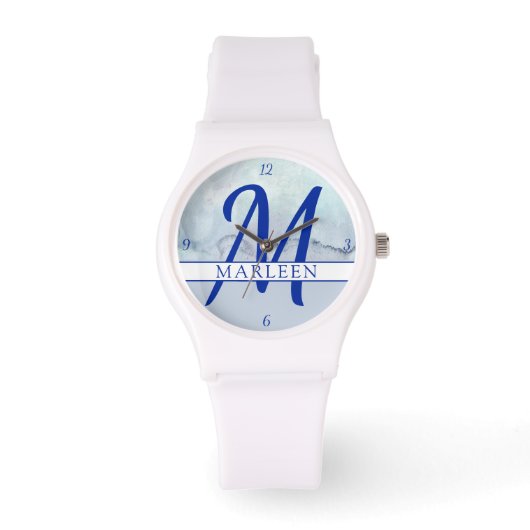 Naam | Monogram blauwe Waterverf Horloge (Voorkant)