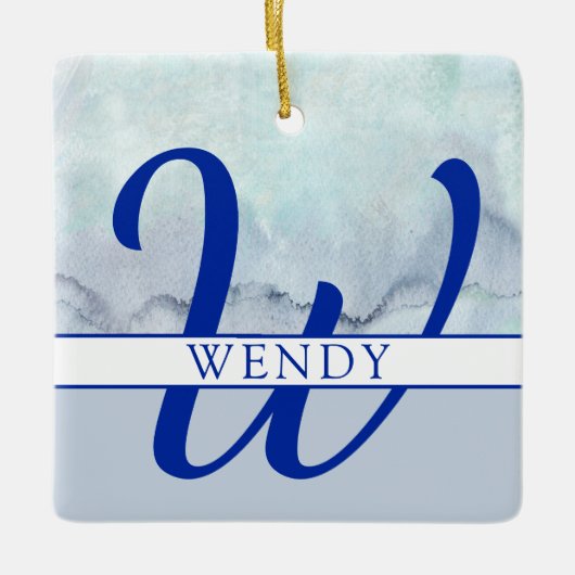 Naam | Monogram blauwe Waterverf Keramisch Ornament (Voorkant)