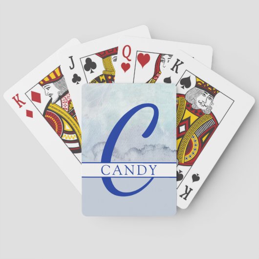 Naam | Monogram blauwe Waterverf Pokerkaarten (Achterkant)