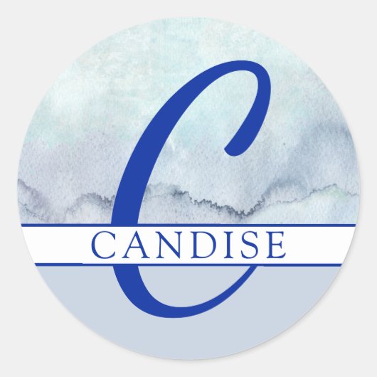 Naam | Monogram blauwe Waterverf Ronde Sticker (Voorkant)