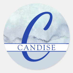 Naam   Monogram blauwe Waterverf Ronde Sticker