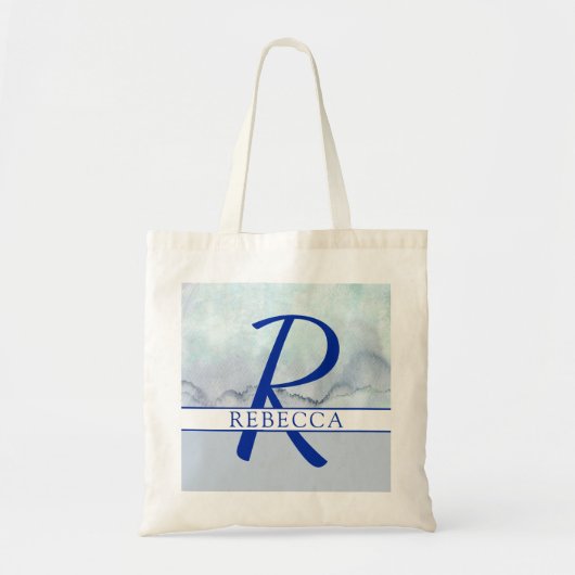 Naam | Monogram blauwe Waterverf Tote Bag (Voorkant)