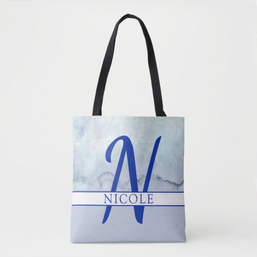 Naam/Monogram blauwe Waterverf Tote Bag (Voorkant)