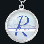 Naam | Monogram blauwe Waterverf Zilver Vergulden Ketting<br><div class="desc">Een  naam en monogram combinatie met een blauwe achtergrond van de waterverf.</div>