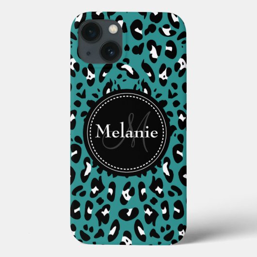 Naam Monogram Blauwgroen Zwart Witte Leopard Patro Case-Mate iPhone Case (Achterkant)