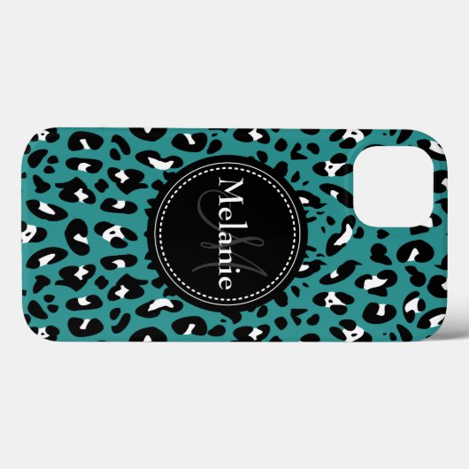 Naam Monogram Blauwgroen Zwart Witte Leopard Patro Case-Mate iPhone Case (Achterkant (horizontaal))