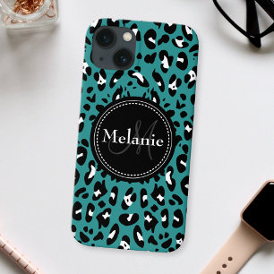 Naam Monogram Blauwgroen Zwart Witte Leopard Patro Case-Mate iPhone Case