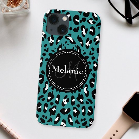 Naam Monogram Blauwgroen Zwart Witte Leopard Patro Case-Mate iPhone Case