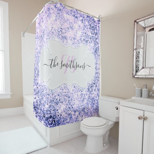 Naam Monogram Blue Bridal Glitter Paars Wedding Douchegordijn (In situ)