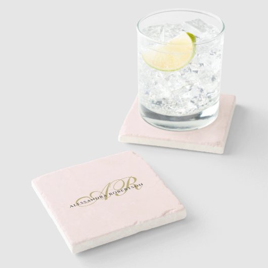 Naam Monogram blush roze goud zwart elegant Stenen Onderzetter (Zijkant)