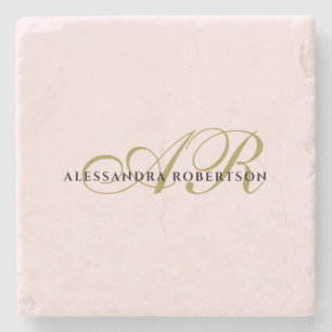 Naam Monogram blush roze goud zwart elegant Stenen Onderzetter