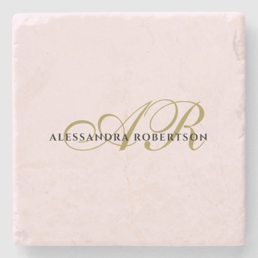 Naam Monogram blush roze goud zwart elegant Stenen Onderzetter (Voorkant)