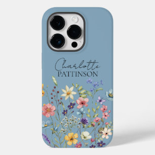 Naam Monogram Botanische Wildbloem Dusty Blue Case-Mate iPhone 14 Pro Hoesje