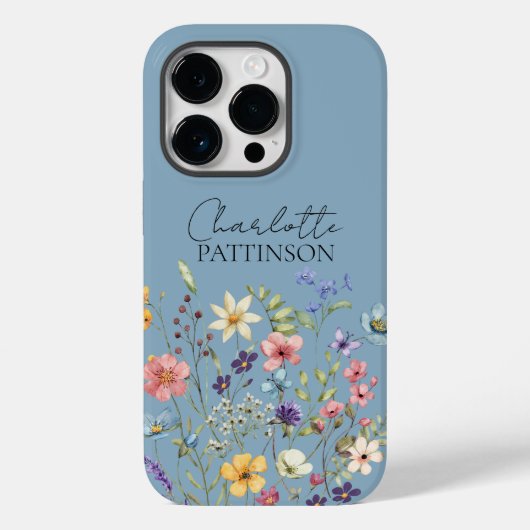 Naam Monogram Botanische Wildbloem Dusty Blue Case-Mate iPhone Case (Achterkant)