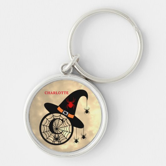 Naam Monogram C Halloween Sky Witch Spiders Sleutelhanger (Voorkant)
