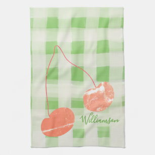 Naam Monogram Check Gingham Pastel Green Cherry Theedoek