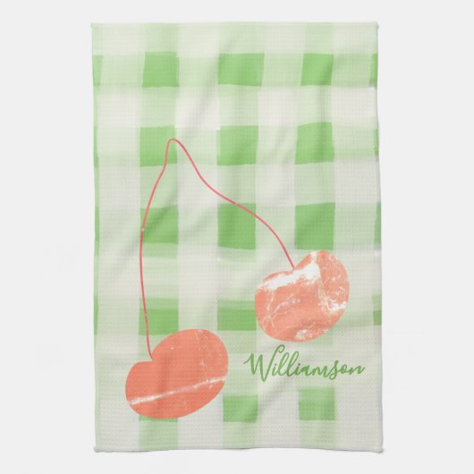 Naam Monogram Check Gingham Pastel Green Cherry Theedoek (Verticaal)