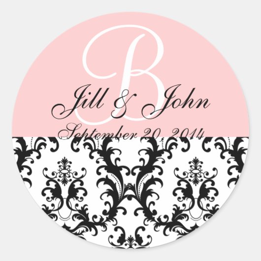 Naam monogram Datum Damask Pink Wedding Sticker (Voorkant)