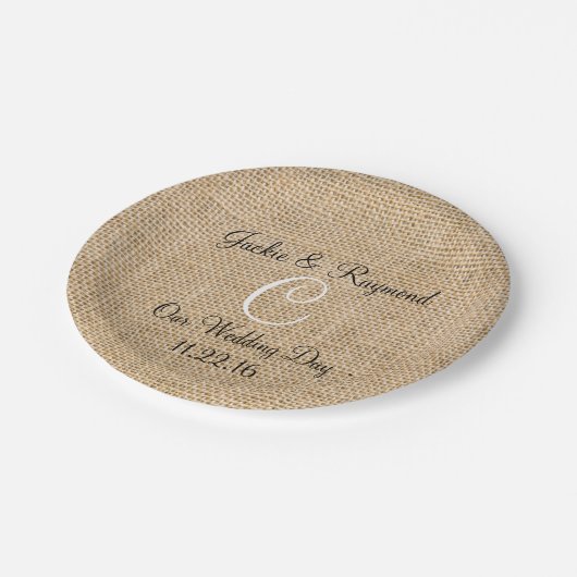 Naam monogram Datum Rustic Burlap Monogram Papieren Bordje (Gekanteld)