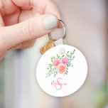 Naam Monogram Floral Sleutelhanger<br><div class="desc">Deze  sleutelhanger is versierd met een waterverf boeket van rozen en gebladerte in tinten van roze,  koraal en groen. Gemakkelijk aan te passen. Originele Waterverf © Michele Davies.</div>