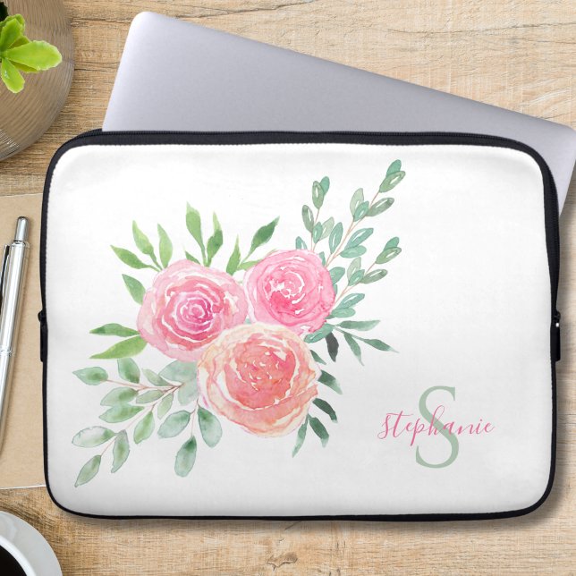 Naam Monogram Floral Waterverf Laptop Sleeve (Creator heeft geüpload)
