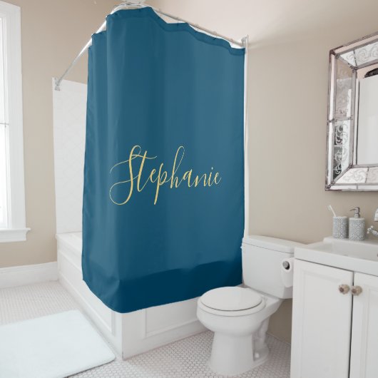 Naam Monogram Gold Blue Classy Elegant Custom Douchegordijn (In situ)