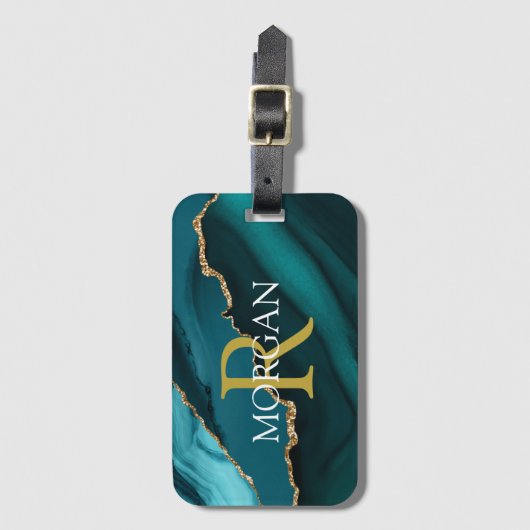 Naam & Monogram, Goud Zwart Agaat, Goud Wit Tekst Bagagelabel (Voorkant (verticaal))